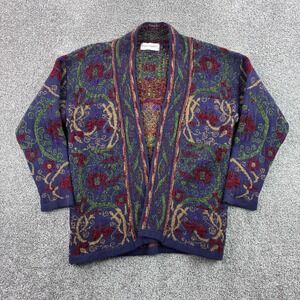 Vintage Past Times Cardigan Sweater Women's L Floral Tapestry Purple Wool Blend